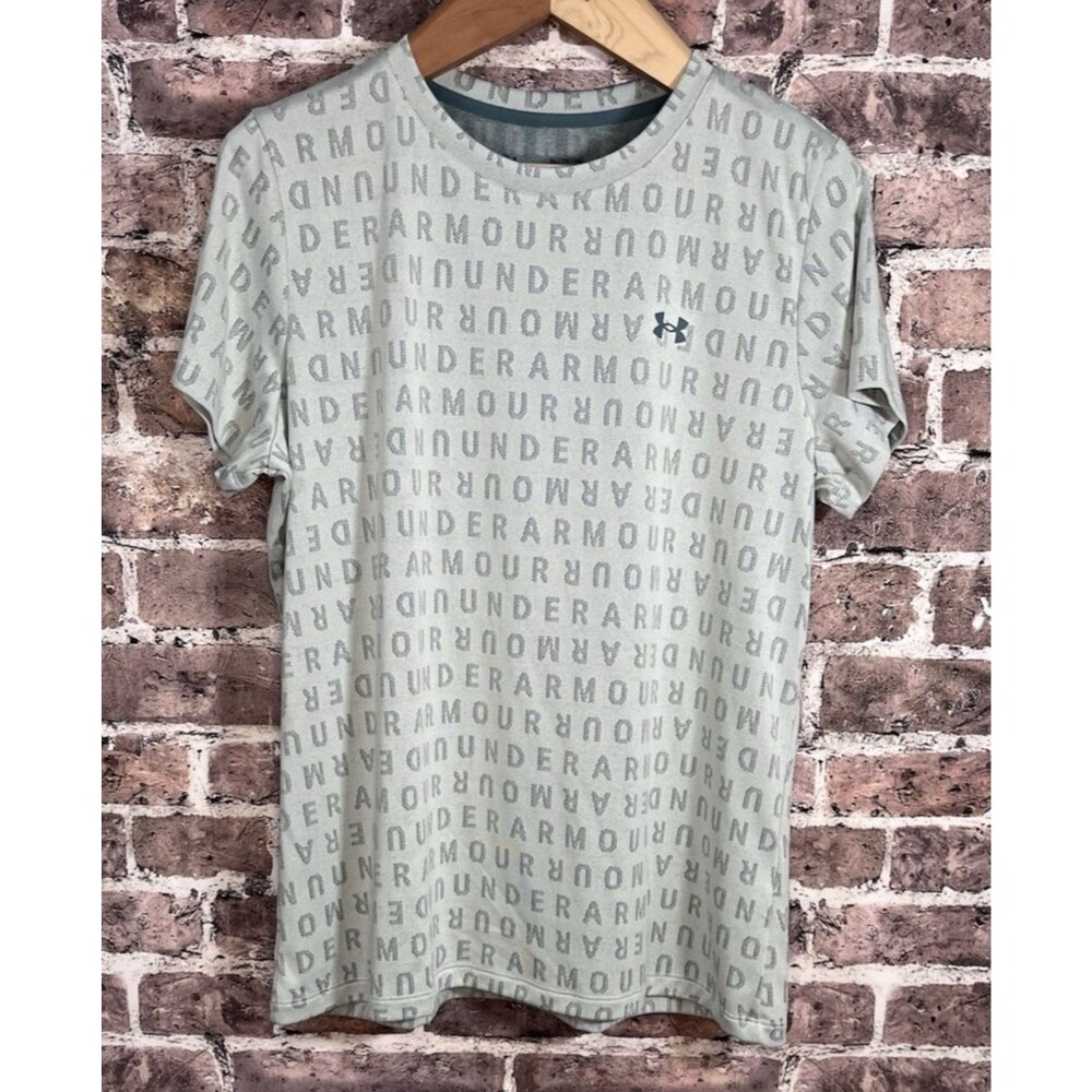Under Armor Womens Loose Fit Athletic Tee Sz XL All Over Print Teal Wicking Logo